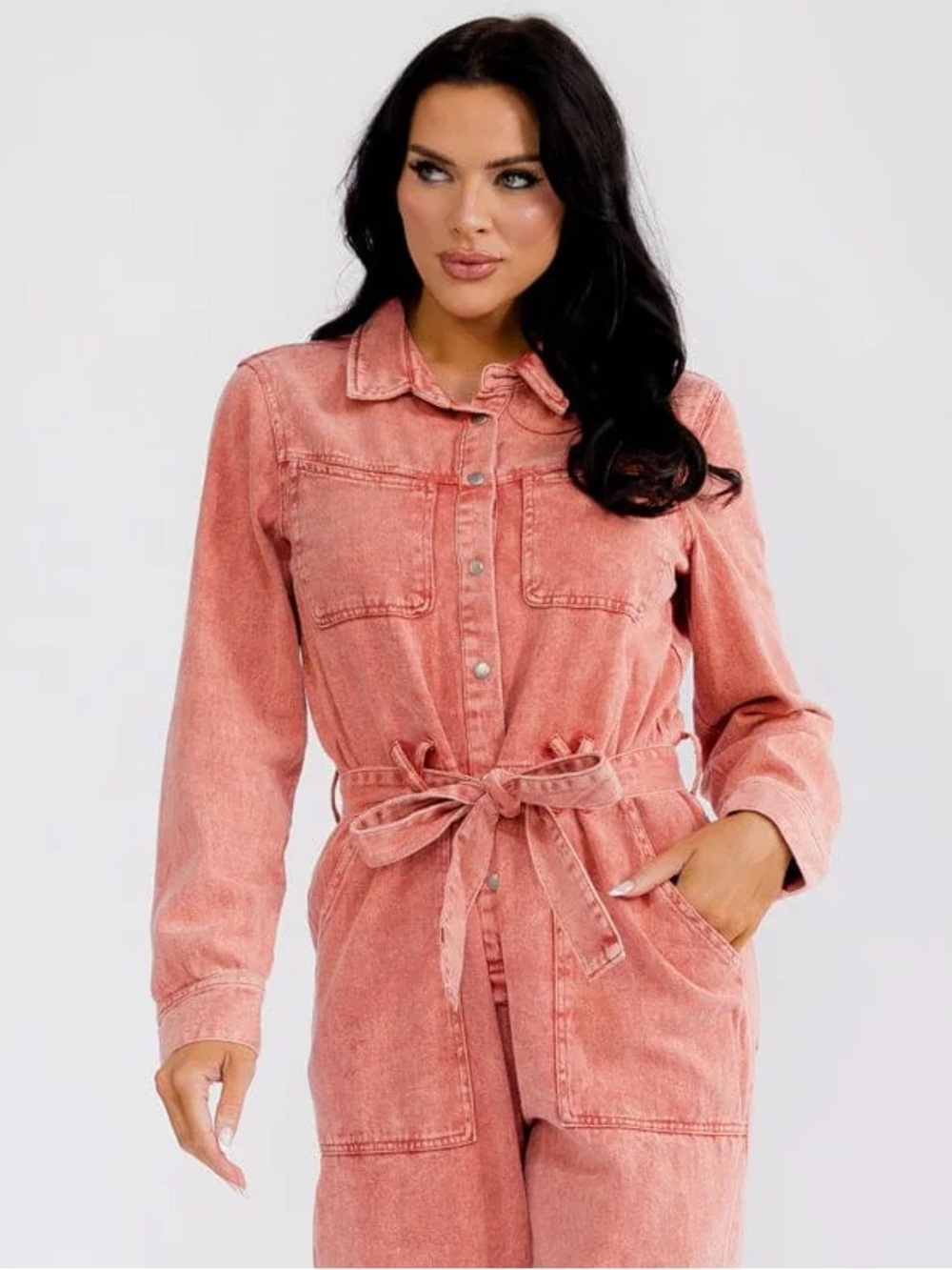 Coral Washed Denim Button-Up Utility  S Jumpsuit Belted 100% Cotton - Picture 7 of 11